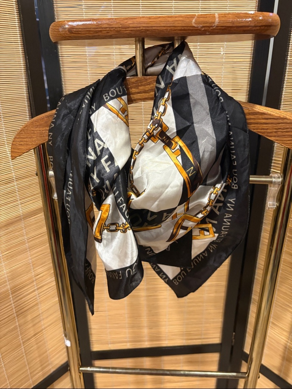 Black, White & Gold Chain Print Silk Scarf